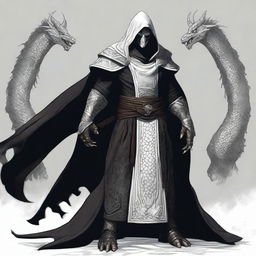 A dragonborn man wearing black robes with a white hood, standing with a powerful stance