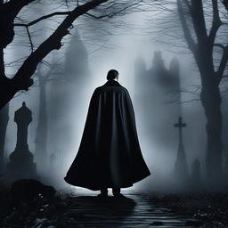 Create a dramatic shot of Dracula spreading his cape, followed by a shadowy figure walking through a misty graveyard