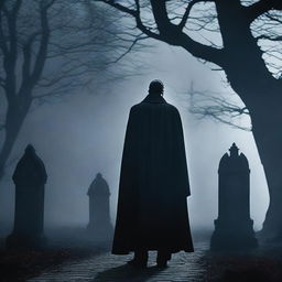 Create a dramatic shot of Dracula spreading his cape, followed by a shadowy figure walking through a misty graveyard