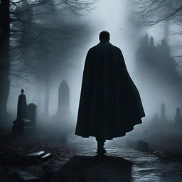 Create a dramatic shot of Dracula spreading his cape, followed by a shadowy figure walking through a misty graveyard