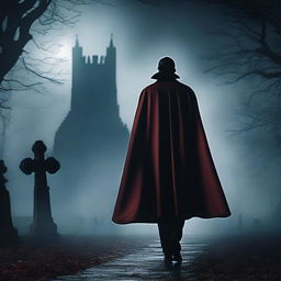 Create a dramatic shot of Dracula spreading his cape, followed by a shadowy figure walking through a misty graveyard