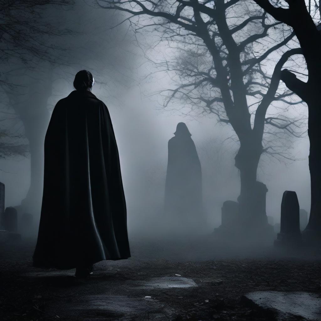 Create a dramatic shot of Dracula spreading his cape, transitioning to a shadowy figure walking through a misty graveyard