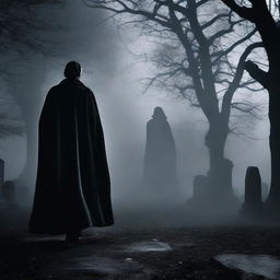 Create a dramatic shot of Dracula spreading his cape, transitioning to a shadowy figure walking through a misty graveyard