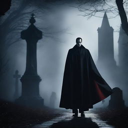 Create a dramatic shot of Dracula spreading his cape, transitioning to a shadowy figure walking through a misty graveyard