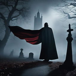 Create a dramatic shot of Dracula spreading his cape, transitioning to a shadowy figure walking through a misty graveyard