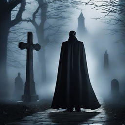 Create a dramatic shot of Dracula spreading his cape, transitioning to a shadowy figure walking through a misty graveyard