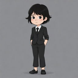 A sad, cute cartoon drawing of a kid girl with short, messy black hair in a business suit and black pants.