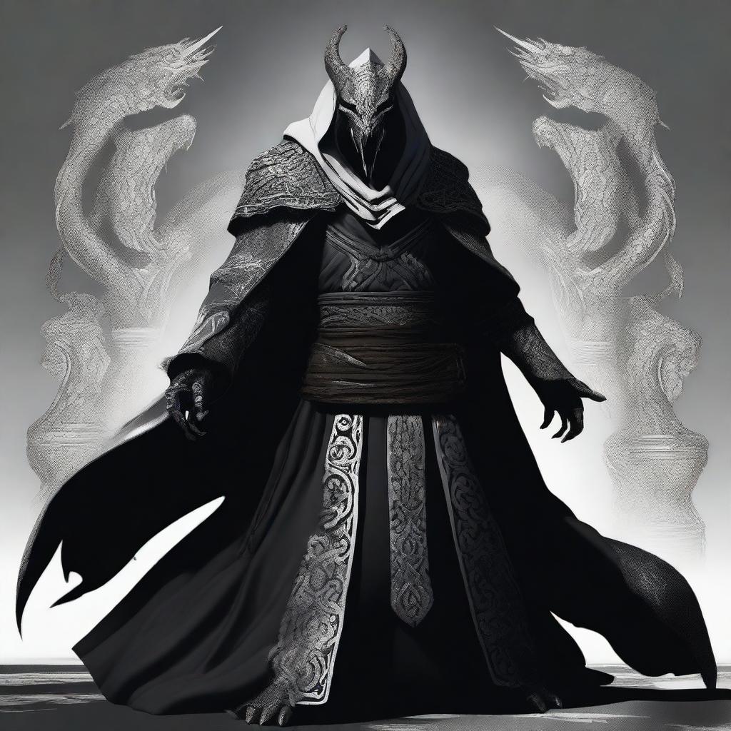 A dragonborn man wearing black robes with a white hood, standing with a powerful stance