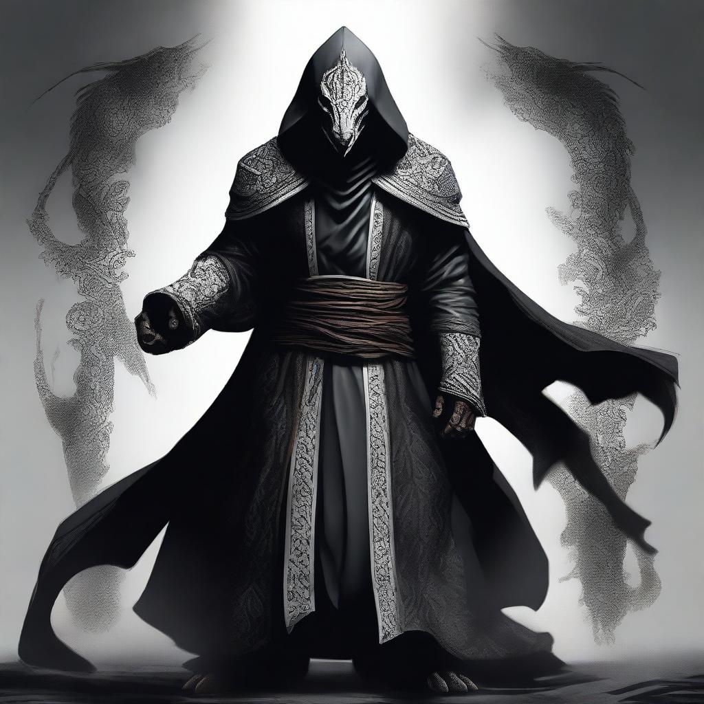 A dragonborn man wearing black robes with a white hood, standing with a powerful stance