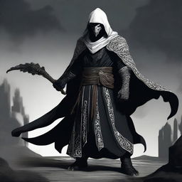 A dragonborn man wearing black robes with a white hood, standing with a powerful stance