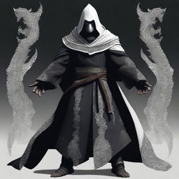 A dragonborn man wearing black robes with a white hood, standing with a powerful stance