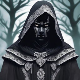 A dark elf man wearing black robes with a white hood, standing with a powerful stance