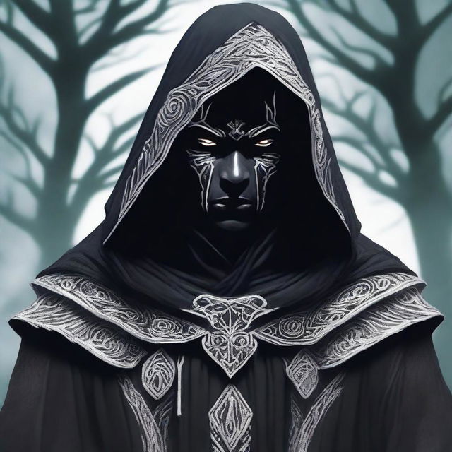 A dark elf man wearing black robes with a white hood, standing with a powerful stance