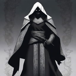 A dark elf man wearing black robes with a white hood, standing with a powerful stance