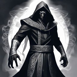 A dark elf man wearing black robes with a white hood, standing with a powerful stance