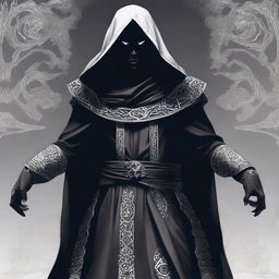 A dark elf man wearing black robes with a white hood, standing with a powerful stance