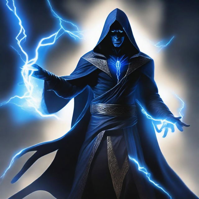 A dark elf man wearing black robes with a white hood, standing with a powerful stance