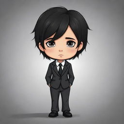 A sad, cute cartoon drawing of a kid girl with short, messy black hair in a business suit and black pants.