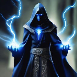 A dark elf man wearing black robes with a white hood, standing with a powerful stance