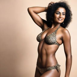 A dark-skinned Indian woman wearing a cheetah print bikini, showcasing wide hips and sexy armpits