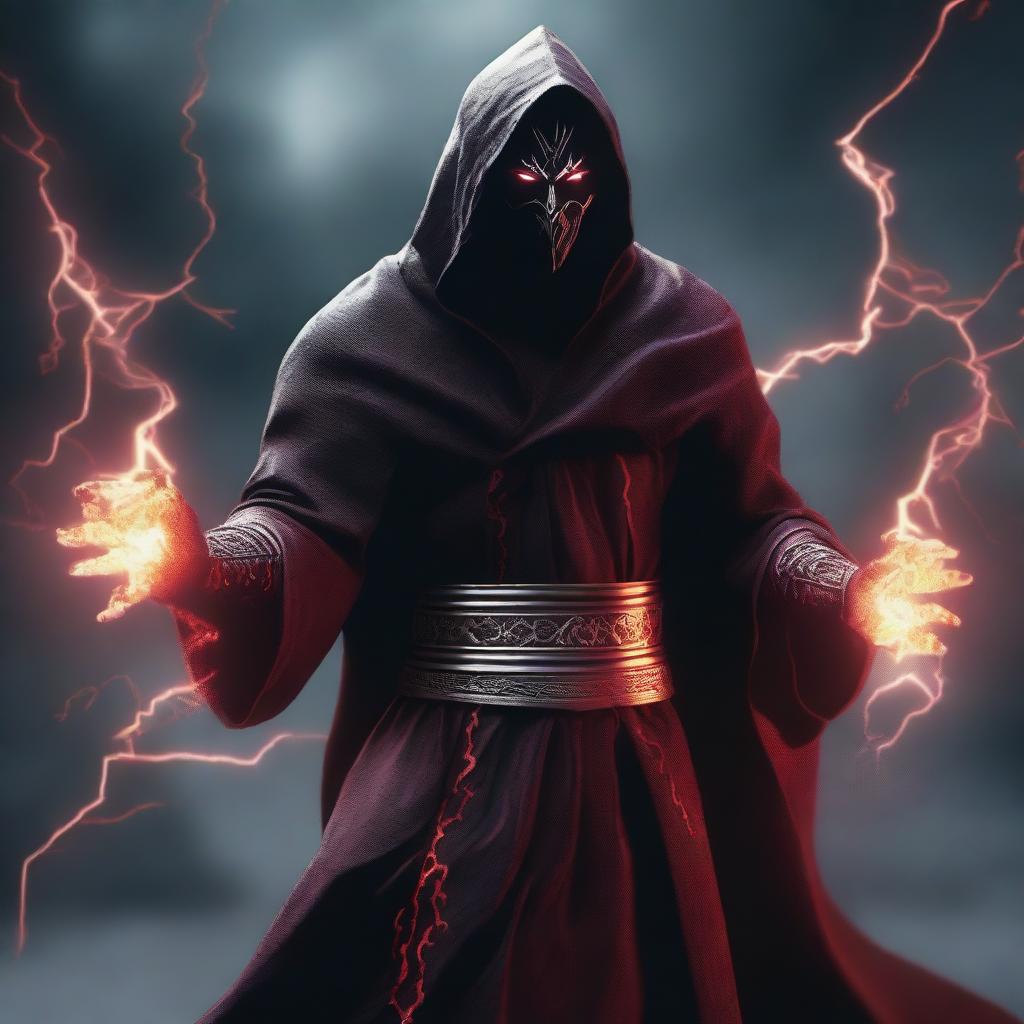 A dark elf man wearing black robes with a white hood, standing with a powerful stance