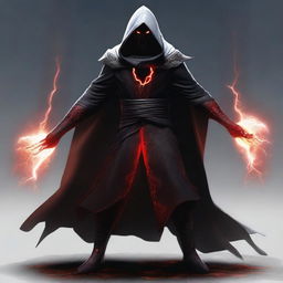 A dark elf man wearing black robes with a white hood, standing with a powerful stance