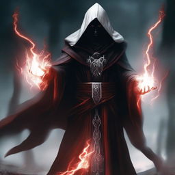 A dark elf man wearing black robes with a white hood, standing with a powerful stance