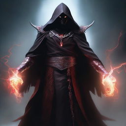 A dark elf man wearing black robes with a white hood, standing with a powerful stance