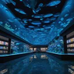 A shopping mall interior reimagined in an aquapunk style, encapsulated in underwater beauty, glowing bioluminescent decor, sea-life inspired store designs, and fluid, aquatic aesthetics.