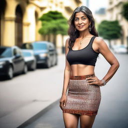 A mature Indian woman with a confident and elegant demeanor, wearing a stylish mini skirt and a fashionable tank top