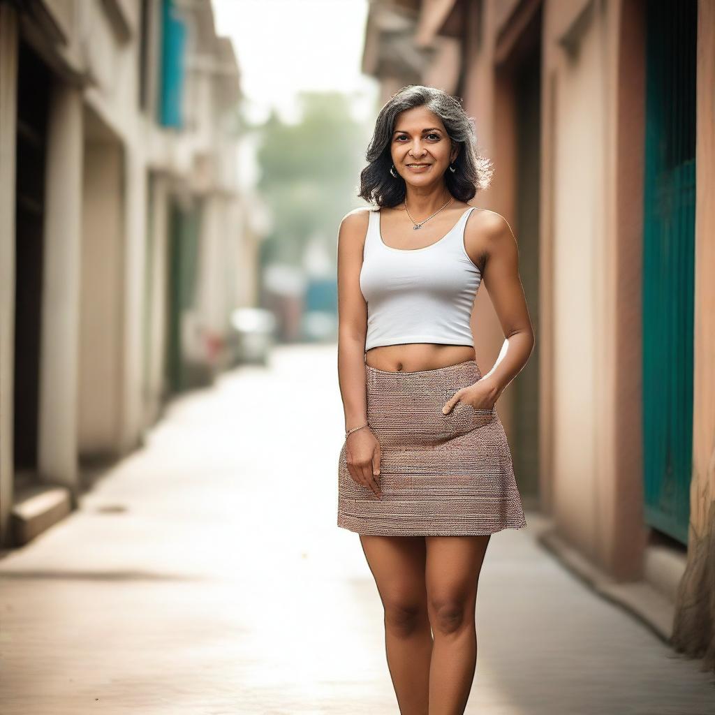 A mature Indian woman with a confident and elegant demeanor, wearing a stylish mini skirt and a fashionable tank top