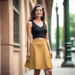 A mature Indian woman with a confident and elegant demeanor, wearing a stylish mini skirt and a fashionable tank top