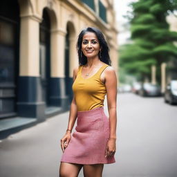 A mature Indian woman with a confident and elegant demeanor, wearing a stylish mini skirt and a fashionable tank top