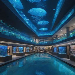 A shopping mall interior reimagined in an aquapunk style, encapsulated in underwater beauty, glowing bioluminescent decor, sea-life inspired store designs, and fluid, aquatic aesthetics.