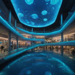 A shopping mall interior reimagined in an aquapunk style, encapsulated in underwater beauty, glowing bioluminescent decor, sea-life inspired store designs, and fluid, aquatic aesthetics.