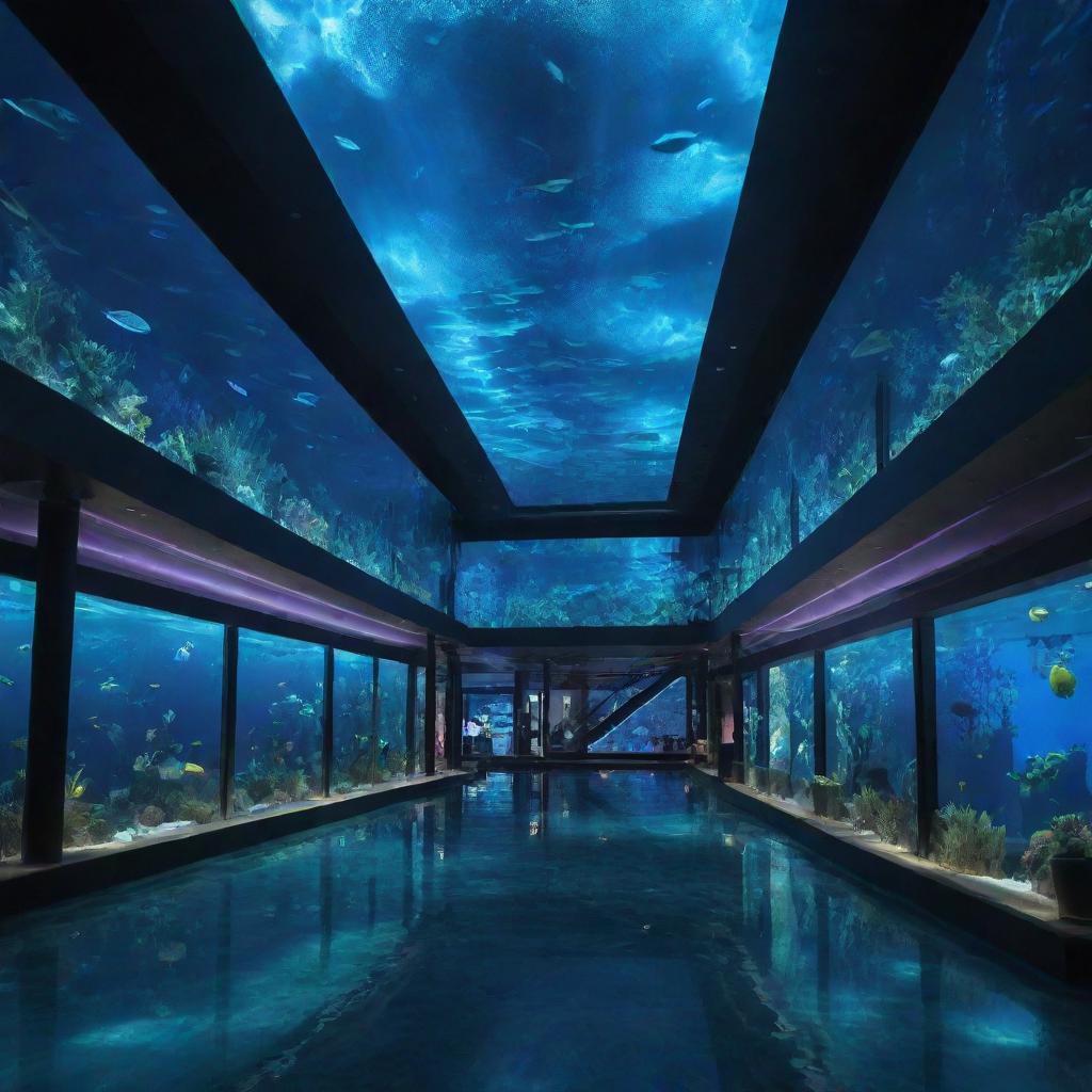 A shopping mall interior reimagined in an aquapunk style, encapsulated in underwater beauty, glowing bioluminescent decor, sea-life inspired store designs, and fluid, aquatic aesthetics.