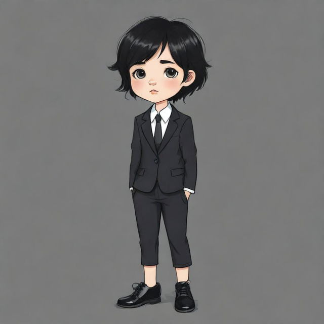 A sad, cute cartoon drawing of a kid girl with short, messy black hair, wearing a business suit, black pants, and black shoes.