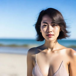 A 30-year-old Asian woman with short hair standing on the beach wearing a bikini, looking serious without a smile