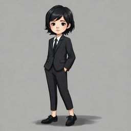 A sad, cute cartoon drawing of a kid girl with short, messy black hair, wearing a business suit, black pants, and black shoes.