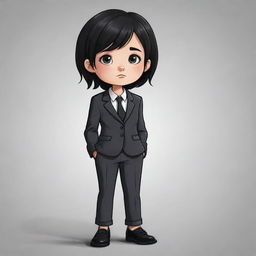 A sad, cute cartoon drawing of a kid girl with short, messy black hair, wearing a business suit, black pants, and black shoes.