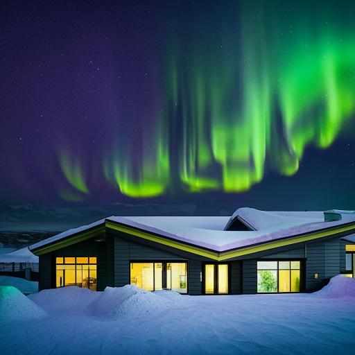 A large, modern mansion nestled in the stunning landscape of Iceland, with snowy mountains in the backdrop and the Northern Lights dancing in the night sky.