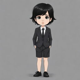 A sad, cute cartoon drawing of a kid girl with short, messy black hair, wearing a business suit, black pants, and black shoes.