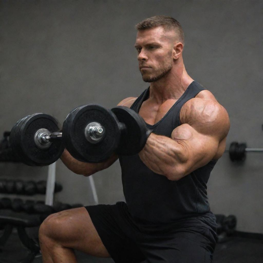 A strong individual performing a bicep curl with 50-kilogram dumbbells