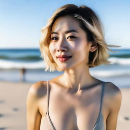 A 30-year-old Asian woman with short blonde hair standing on the beach wearing a bikini