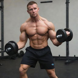 A strong individual performing a bicep curl with 50-kilogram dumbbells