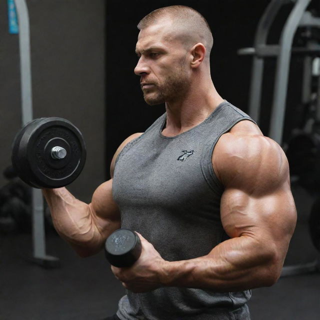 A strong individual performing a bicep curl with 50-kilogram dumbbells