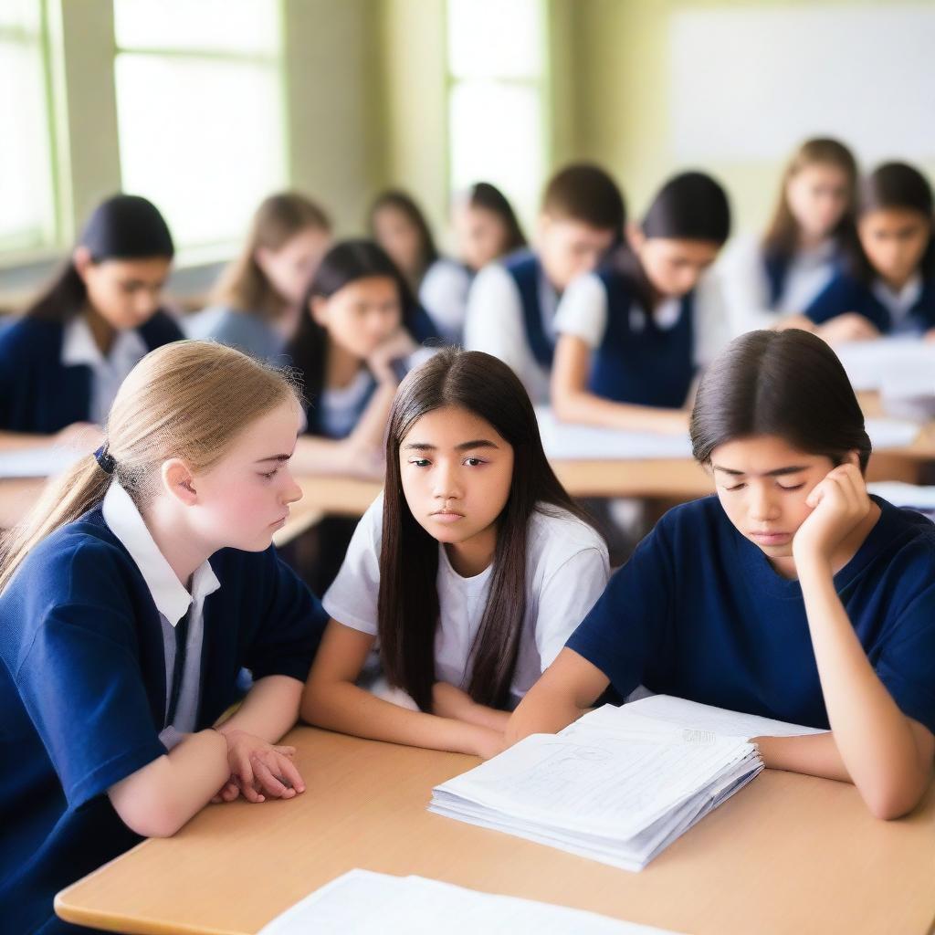 A group of junior high school students sitting together, looking concerned and anxious