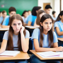 A group of junior high school students sitting together, looking concerned and anxious