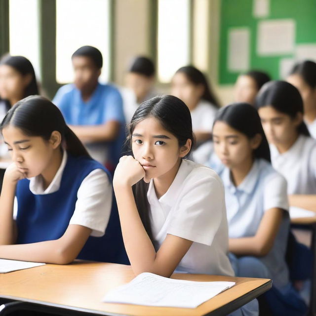 A group of junior high school students sitting together, looking concerned and anxious