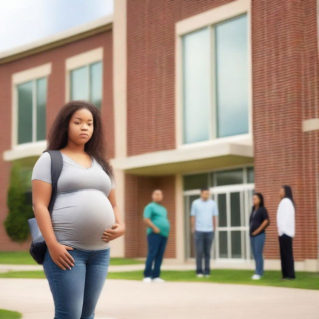 A senior high school student who is visibly pregnant, standing in front of a school building